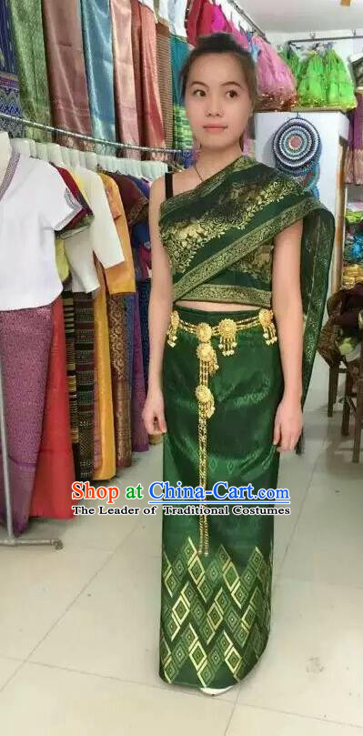 Traditional Asian Thai Palace Princess Wedding Costume Complete Set, Thai Shawl Royal Court Embroidery Clothing for Women