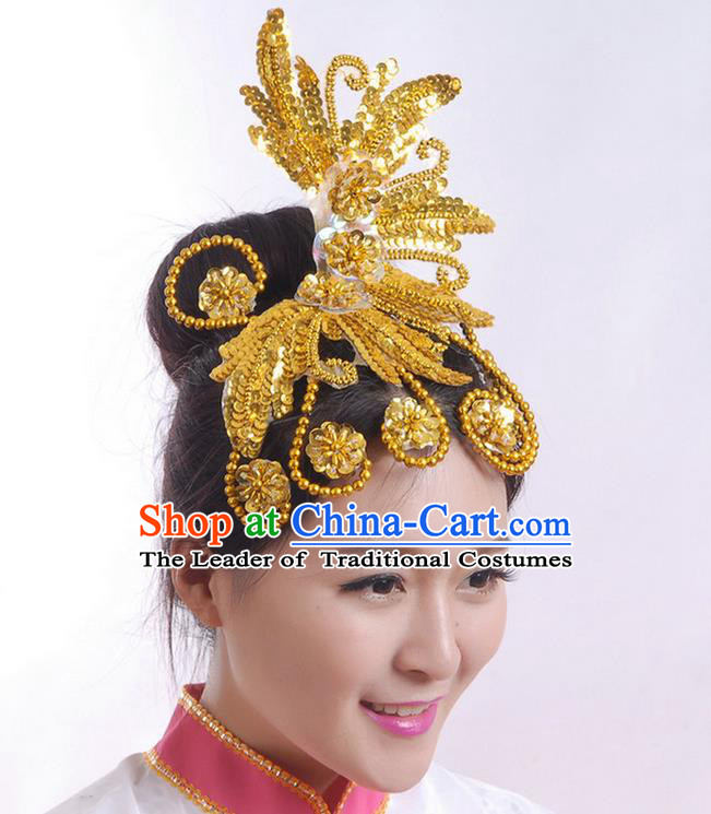 Traditional Chinese Yangge Hair Accessories, Fan Dancing Headwear, Folk Dance Yangko Headdress, China National Minority Dancing Stage Accessories