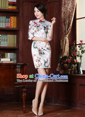 Chinese Traditional One Piece Dress Bracelet sleeve Three Quarter Sleeves Qi Pao Cheongsam Styel Short Sleeves Chinese Traditional Clothes Summer