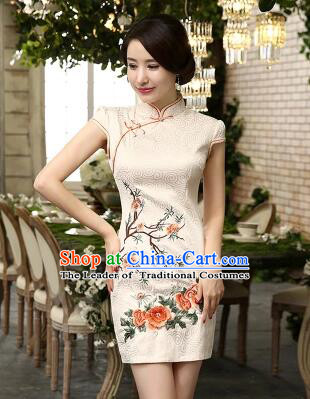 Chinese Traditional One Piece Dobby Cotton Dress Short Sleeves Qi Pao Cheongsam Styel Short Sleeves Chinese Traditional Clothes