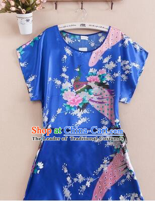 Night Suit for Women Night Gown Bedgown Leisure Wear Home Clothes Chinese Traditional Style Peacock Blue