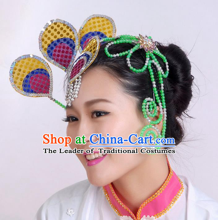 Traditional Chinese Yangge Hair Accessories, Fan Dancing Headwear, Folk Dance Yangko Peacock Dance Headdress, Stage Accessories