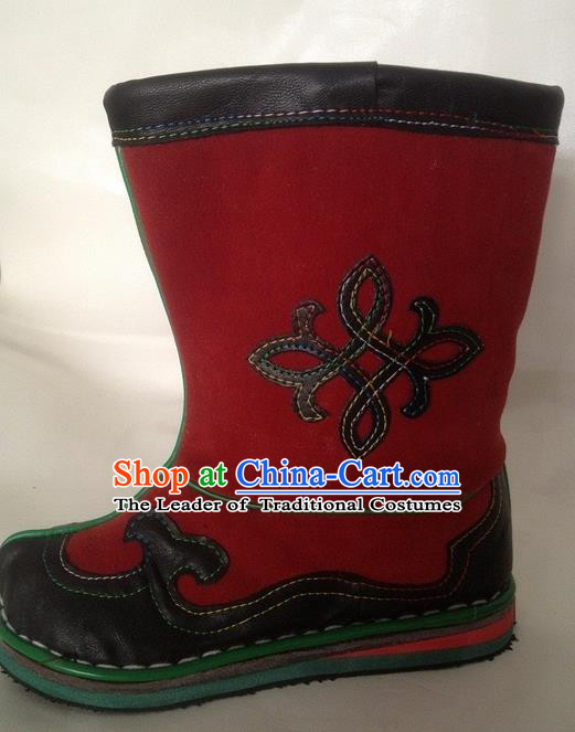 Traditional Chinese Minority Mongol Nationality Ethnic Minorities Mongolian Dance Cowhide Boots Mongolian Children Knee Embroidery Boots Jockey Boots Tanks Boots for Kids