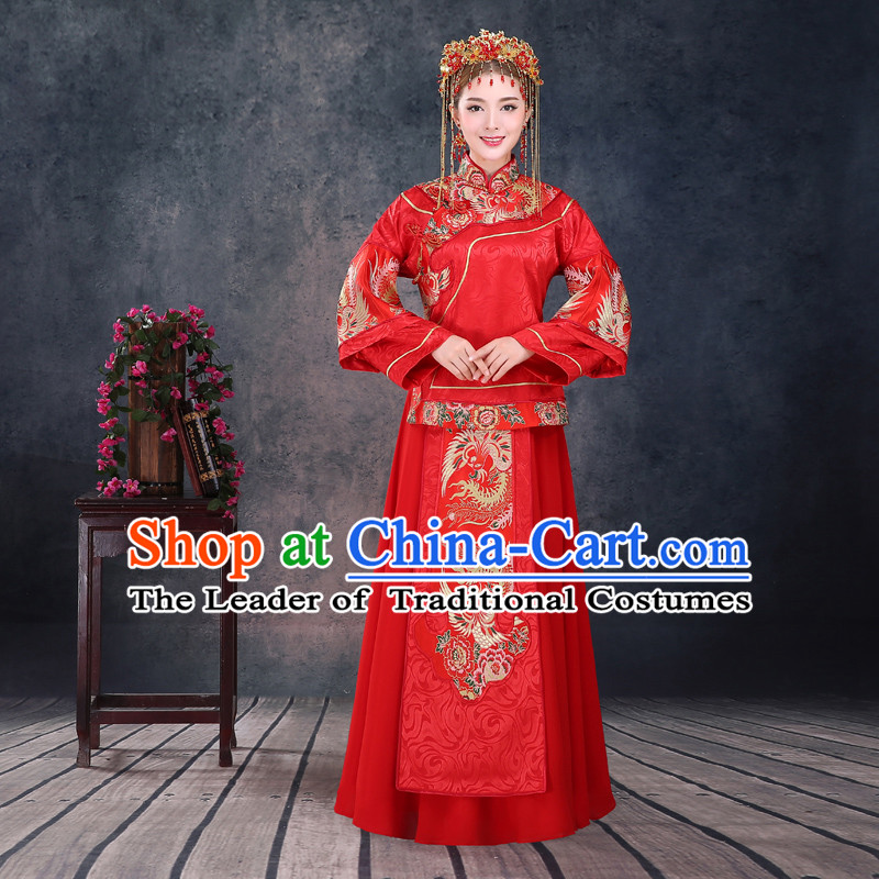 Ancient Chinese Costume, Xiuhe Suits, Chinese Style Wedding Dress, Red Ancient Women Longfeng Dragon And Phoenix Flown, Bride Toast Cheongsam