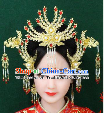 Chinese Ancient Style Hair Jewelry Accessories, Hairpins, Tang Dynasty Xiuhe Suits Wedding Bride Headwear, Headdress, Imperial Empress Queen Handmade Hair Fascinators for Women