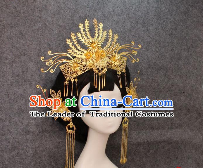 Chinese Ancient Style Hair Jewelry Accessories, Hairpins, Tang Dynasty Xiuhe Suits Wedding Bride Headwear, Headdress, Imperial Empress Handmade Phoenix Hair Fascinators for Women