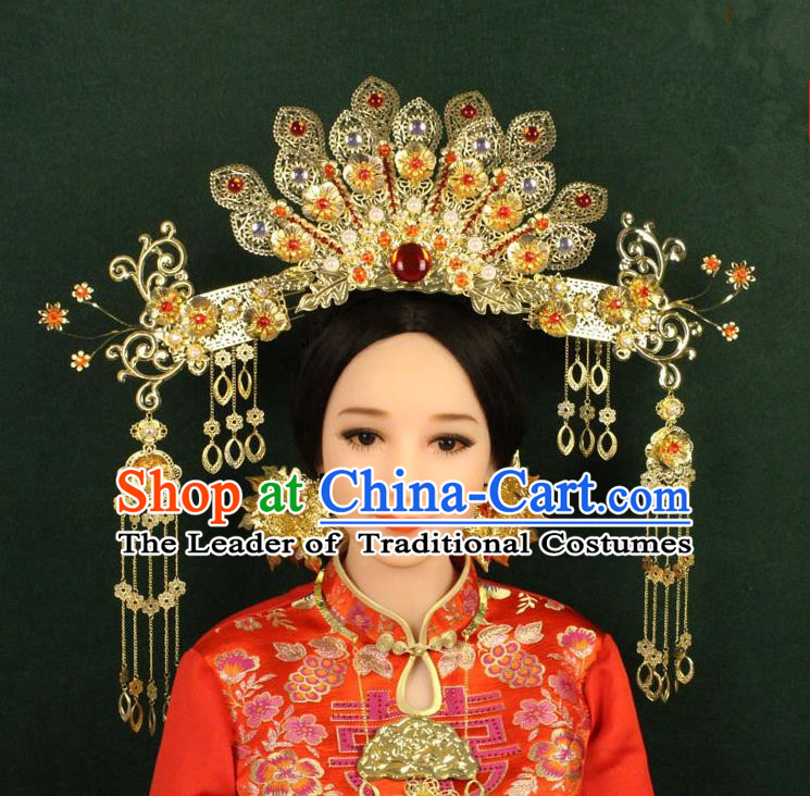 Chinese Ancient Style Hair Jewelry Accessories, Hairpins, Tang Dynasty Xiuhe Suits Wedding Bride Imperial Empress, Cosplay Queen Handmade Phoenix for Women