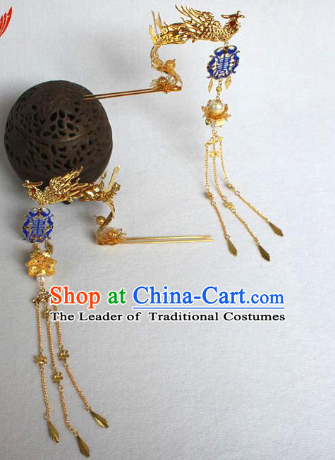 Chinese Ancient Style Hair Jewelry Accessories, Hairpins, Hanfu Xiuhe Suits Wedding Bride Imperial Empress Handmade Phoenix for Women