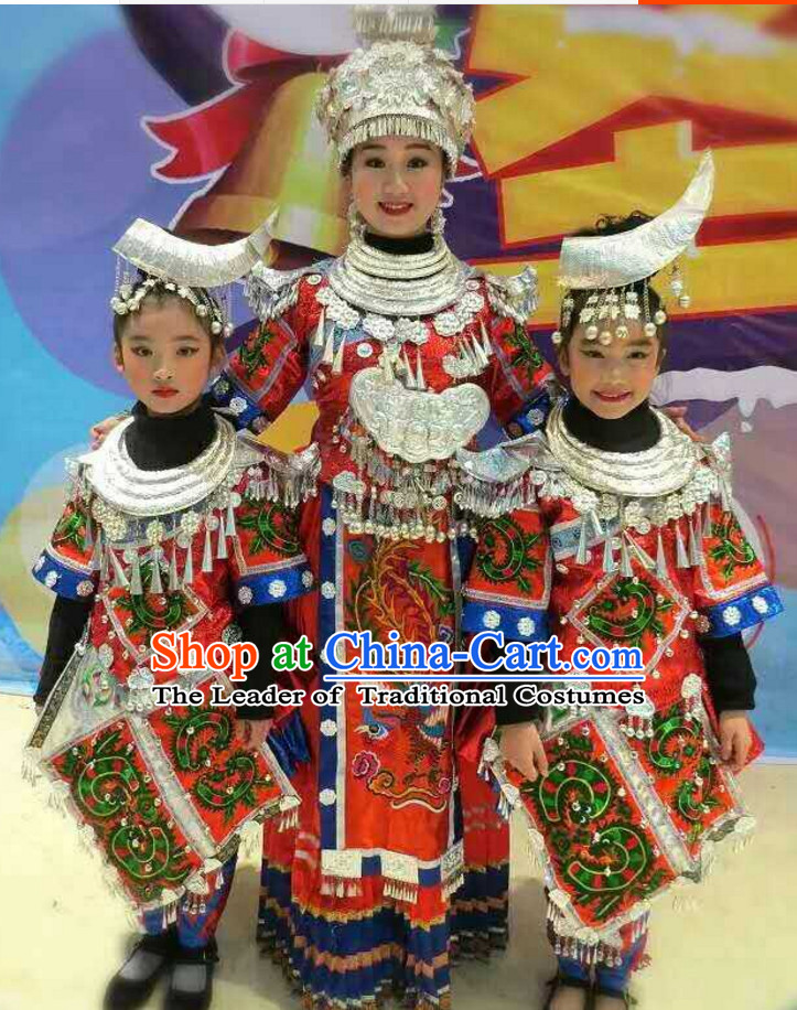 Traditional Chinese Miao Ethnic Clothing and Silver Hat Complete Set for Kids Children