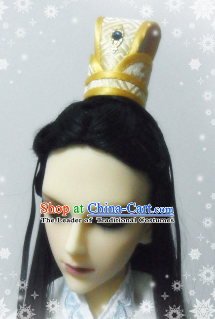 Ancient Chinese Style Prince Emperor Long Black Wigs and Accessories for Men Boys Adults Kids