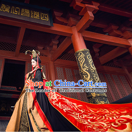 Ancient Chinese Empress Queen Princess Hanfu Clothes and Hair Accessories Complete Set