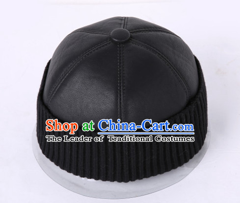 Top Traditional Chinese Black Leather Hat for Men