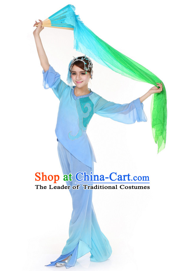 Chinese Traditional Fan Group Dancing Costumes and Headdress Complete Set for Women