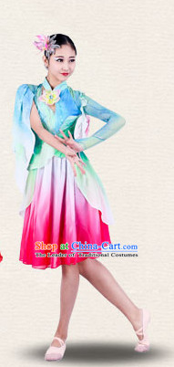 Chinese Traditional Classical Group Dance Costumes Dancewear and Headpieces Complete Set for Women