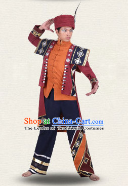 Chinese Traditional Folk Ethnic Dance Costumes Dancewear and Headpieces Complete Set for Men