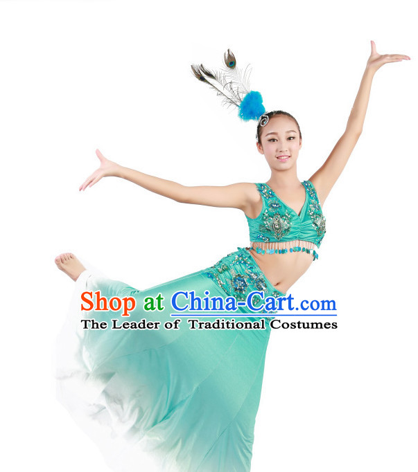 Chinese Traditional Folk Ethnic Peacock Dai Dance Costumes Dancewear and Headpieces Complete Set for Women