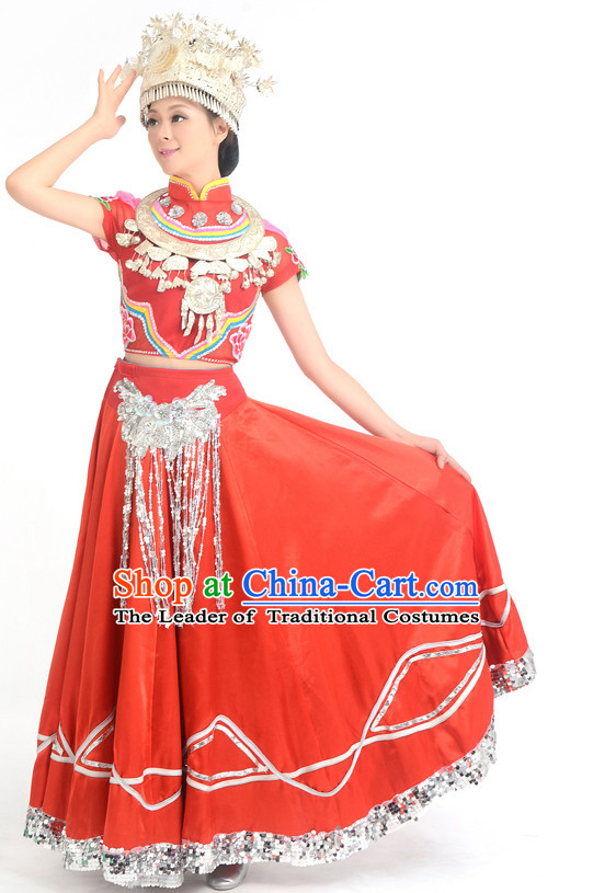 Traditional Chinese Ethnic Miao Dance Costumes Custom Dance Costume Folk Dancing Chinese Dress Cultural Dances and Headdress Complete Set