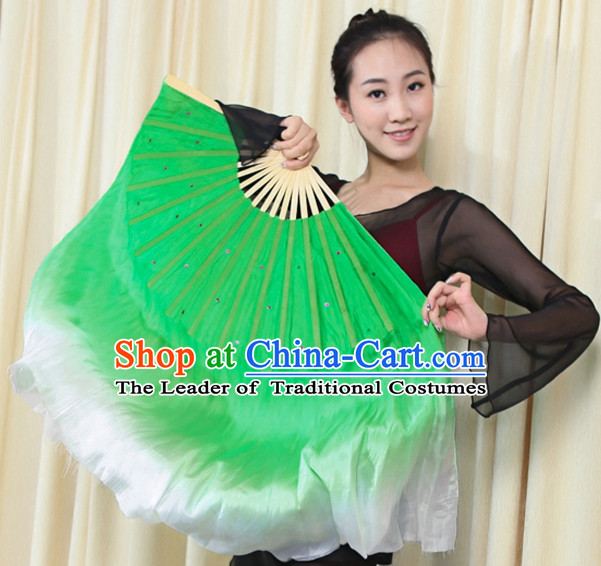 Professional Traditional Two Colors White to Green Color Transition Pure Silk Dance Fan