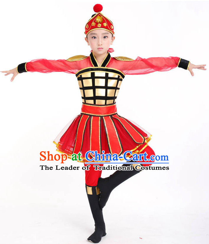 Chinese Competition Dance Costumes Kids Terra Cotta Warrior Solider General Dance Costumes Folk Dances Ethnic Dance Fan Dance Dancing Dancewear for Children