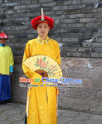 Asian Chinese Emperor Long Dresses Hanfu Costume Clothing Chinese Robe Chinese Kimono and Hat Complete Set for Men