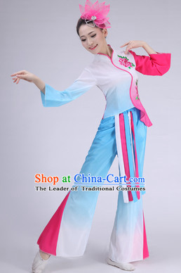 Asian Chinese Fan Dance Costume Clothing Oriental Dress and Hair Accessories Complete Set for Women Girls Adults Children