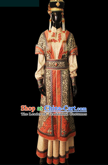 Chinese Mongolian People Yuan Dynasty Mongolians Dance Costumes Queen Princess Empress Clothing Clothes Garment Complete Set for Women Girls