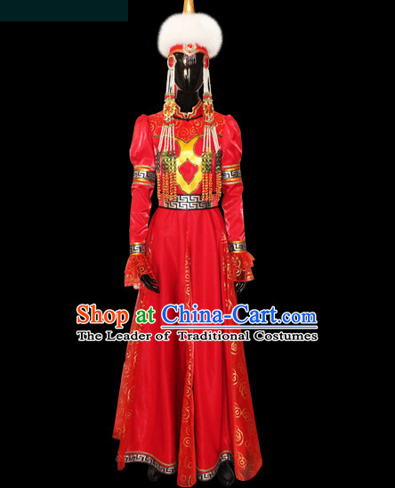 Chinese Mongolian People Yuan Dynasty Mongolians Dance Costumes Queen Princess Empress Clothing Clothes Garment Complete Set for Women Girls