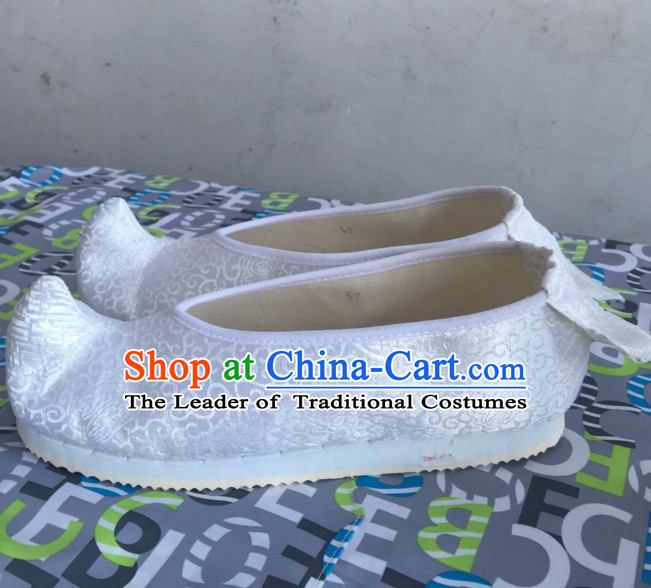 White Chinese Ancient Handmade Traditional Bow Fabric Shoes