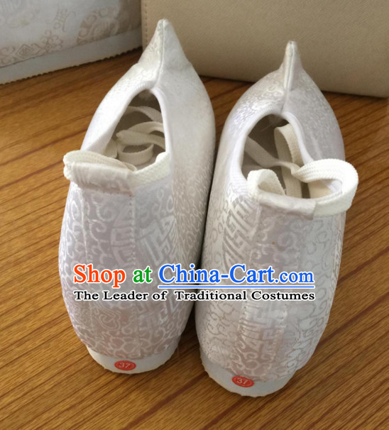 White Chinese Ancient Handmade Traditional Bow Fabric Shoes