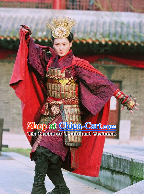 Asian Chinese Ancient Superheroine General Warrior Body Armor Costumes and Headgear Complete Set for Women and Girls