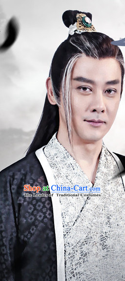 Ancient Chinese Fashion Kung Fu Master Knight Black Long Wigs and Hair Accessory for Men or Boys