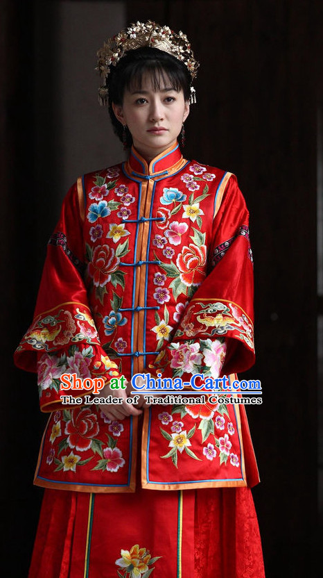 Mandarin Chinese Style Authentic Wedding Clothes Culture Costume Minguo Dresses Traditional National Dress Clothing and Headwear Complete Set for Women Girls