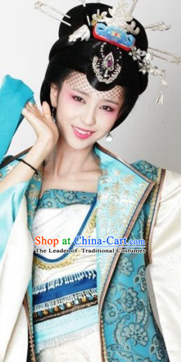 Traditional Ancient Chinese Style Imperial Palace Royal Princess Queen Empress Black Full Wigs and Headpieces Hair Jewelry Set for Women and Girls