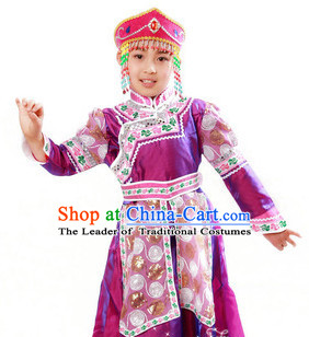 Chinese Traditional Ethnic Mongolian Suit and Hat Complete Set for Girls