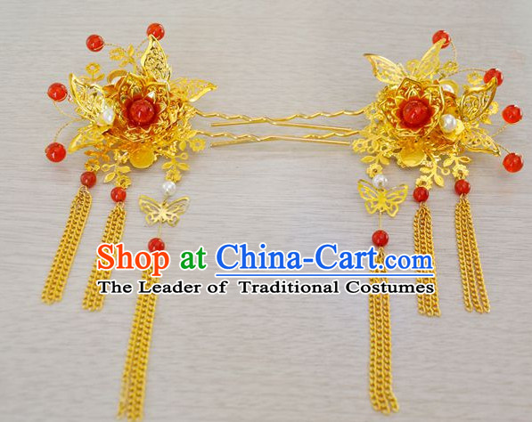 Chinese Traditional Ancient Imperial Hair Sticks Hair Ornaments Chopsticks Gold Hair Pins Hairsticks Oriental Asian Head Jewellery Hair Clips Hair pIeces Hair Style