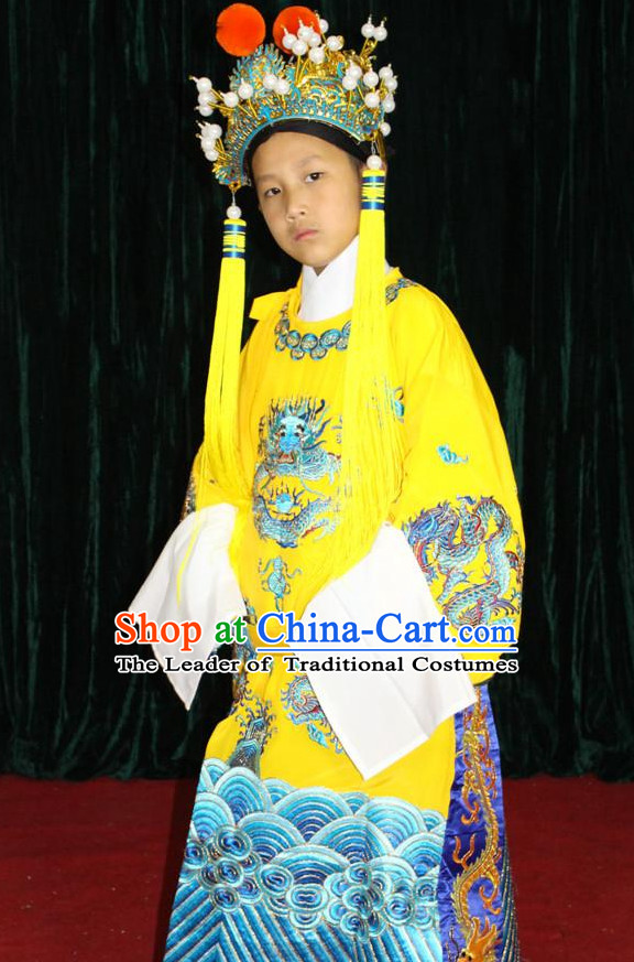 Chinese Opera Emperor Dragon Robe Costumes and Hat Complete Set for Children Boys