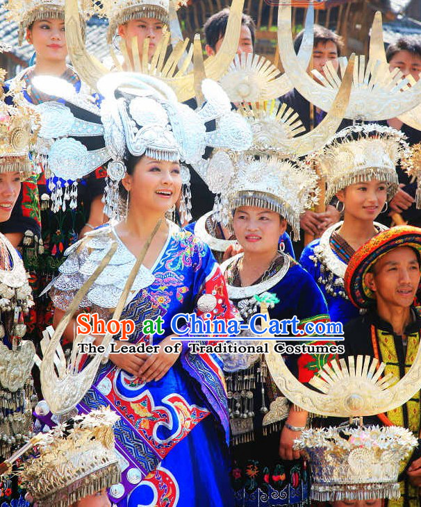 Top Chinese Traditional Miao Ethnic Clothing and Silver Hat Complete Set for Women or Girls