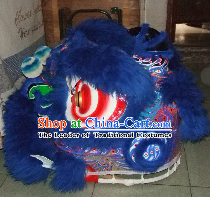 Top Deep Blue 100_ Natural Long Wool Chinese Traditional Futsan Style Lion Dancing Uniforms Complete Set