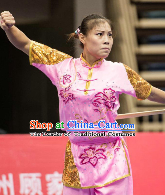 Top Pink Kung Fu Competition Championship Uniforms Pants Suit Taekwondo Apparel Karate Suits Attire Robe Championship Costume Chinese Kungfu Jacket Wear Dress Uniform Clothing Taijiquan Shaolin Chi Gong Taichi Suits for Men Women Kids