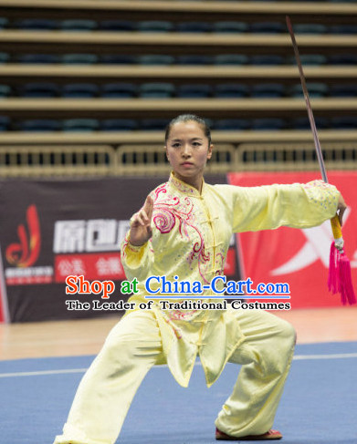 Top Yellow Kung Fu Competition Championship Uniforms Pants Suit Taekwondo Apparel Karate Suits Attire Robe Championship Costume Chinese Kungfu Jacket Wear Dress Uniform Clothing Taijiquan Shaolin Chi Gong Taichi Suits for Men Women Kids