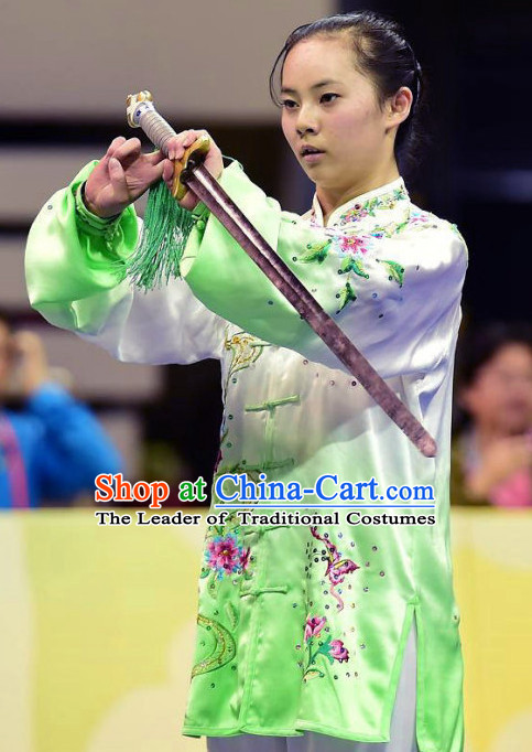 Top Green Kung Fu Competition Championship Uniforms Pants Suit Taekwondo Apparel Karate Suits Attire Robe Championship Costume Chinese Kungfu Jacket Wear Dress Uniform Clothing Taijiquan Shaolin Chi Gong Taichi Suits for Men Women Kids