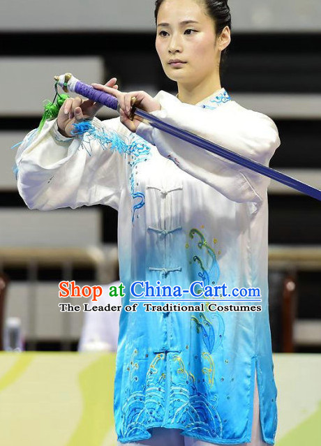 Top Blue White Kung Fu Competition Championship Uniforms Pants Suit Taekwondo Apparel Karate Suits Attire Robe Championship Costume Chinese Kungfu Jacket Wear Dress Uniform Clothing Taijiquan Shaolin Chi Gong Taichi Suits for Men Women Kids