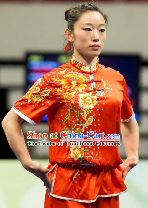 Top Red Kung Fu Competition Championship Uniforms Pants Suit Taekwondo Apparel Karate Suits Attire Robe Championship Costume Chinese Kungfu Jacket Wear Dress Uniform Clothing Taijiquan Shaolin Chi Gong Taichi Suits for Men Women Kids