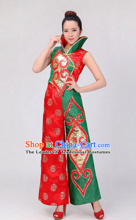 High Collar Chinese Stage Folk Fan Dancing Dancewear Costumes Dancer Costumes Dance Costumes Chinese Dance Clothes Traditional Chinese Clothes Complete Set for Women Children