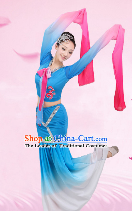 Chinese Traditional Stage Water Sleeves Dance Dancewear Costumes Dancer Costumes Dance Costumes Clothes and Headdress Complete Set for Children