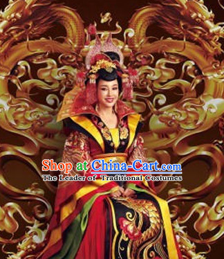 Tang Dynasty Chinese Traditional Ancient Empress Costumes Garment and Hair Jewelry Complete Set for Women Girls