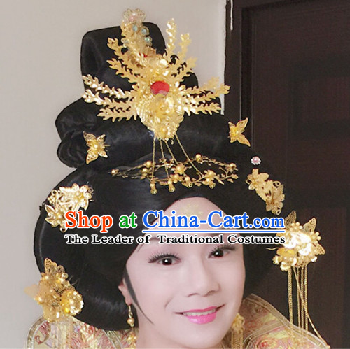 Chinese Classical Princess Queen Empress Hair Jewelry Headwear Headdress and Long Wigs