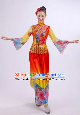 Chinese Folk Dance Costumes Traditional Chinese Fan Dancing Costume Ribbon Dancewear and Headwear Complete Set for Women Girls or Kids