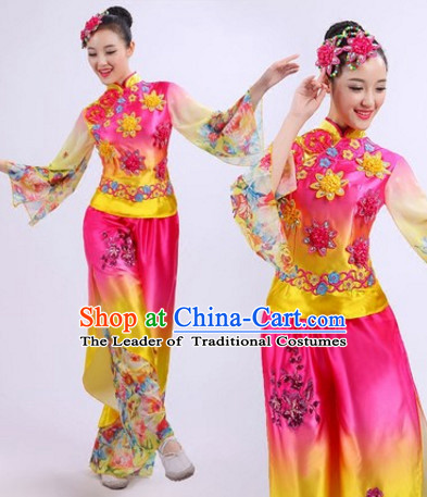 Chinese Folk Dance Costumes Traditional Chinese Fan Dancing Costume Ribbon Dancewear and Headwear Complete Set for Women Girls or Kids