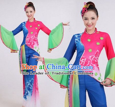 Chinese Folk Dance Costumes Traditional Chinese Fan Dancing Costume Ribbon Dancewear and Headwear Complete Set for Women Girls or Kids